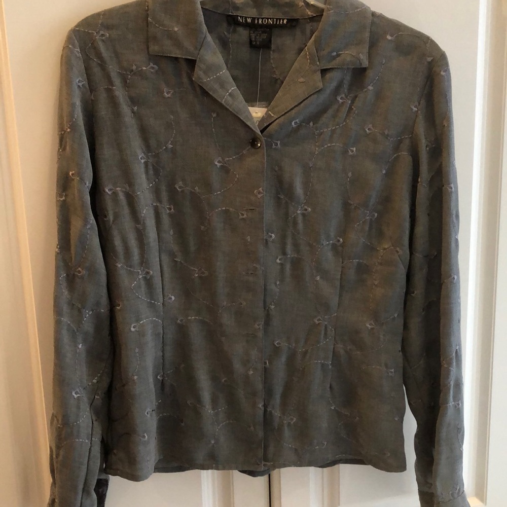 New Frontier Tailored Slim fit, collared button down embroidered semi-sheer top